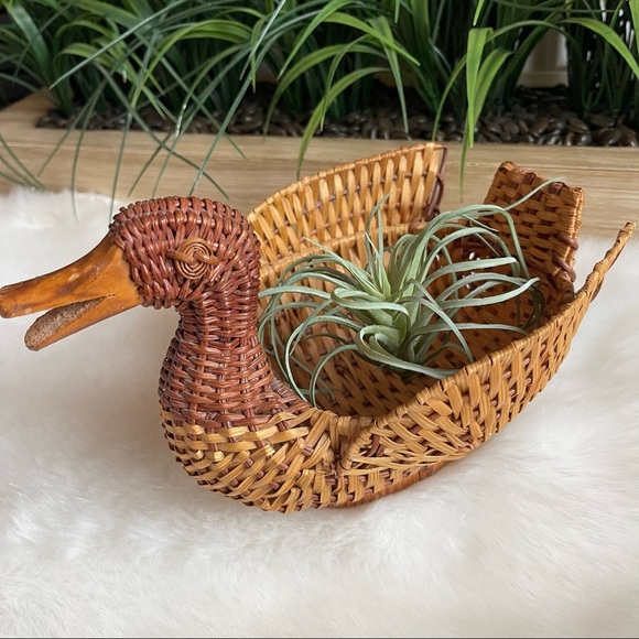 Vintage Wicker Brown Rattan Woven Duck Basket Planter Trinket BOHO 🪴Vibes - Picture 2 of 10